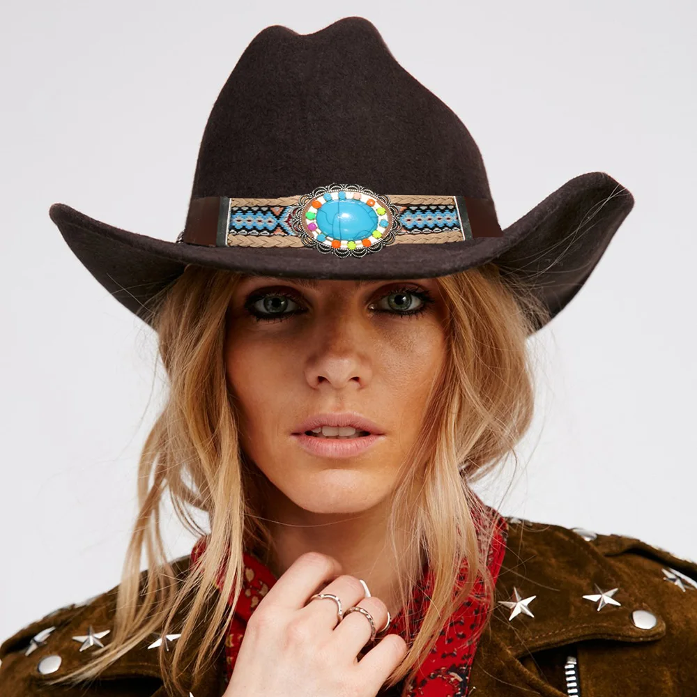 Turquoise Bead Knitted Leather Band Wool Felt Wide Brim Cowboy Western Hat Cowgirl Bowler Sombrero Cap (Choose Size 54-61cm)
