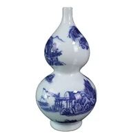 chinese old porcelain gourd bottle with blue and white landscape pattern