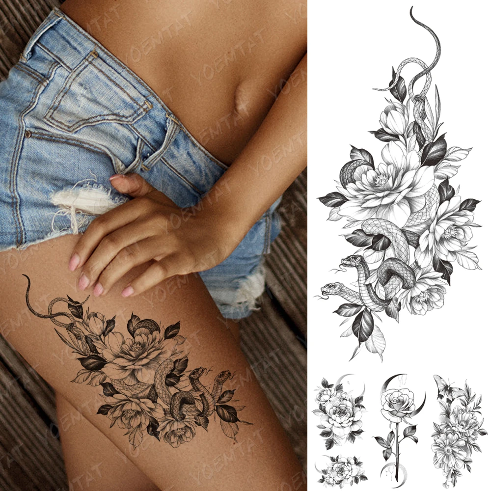 

Водостойкая Временная тату-наклейка, пион, цветок, змея, черные флэш-татуировки, Женская эскизная линия, боди-арт, рука, бедра, искусственная ...