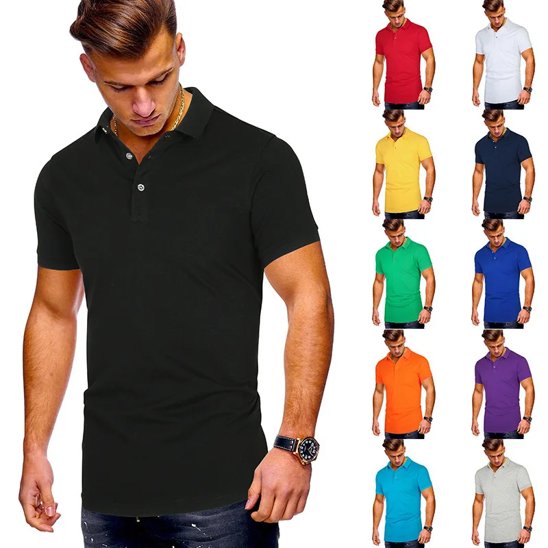 

Male Solid Color Pullover Tops T- Shirt Summer New Short-Sleeved Stitching Fashion 's Lapel Casual Men Polos Slim Polyester