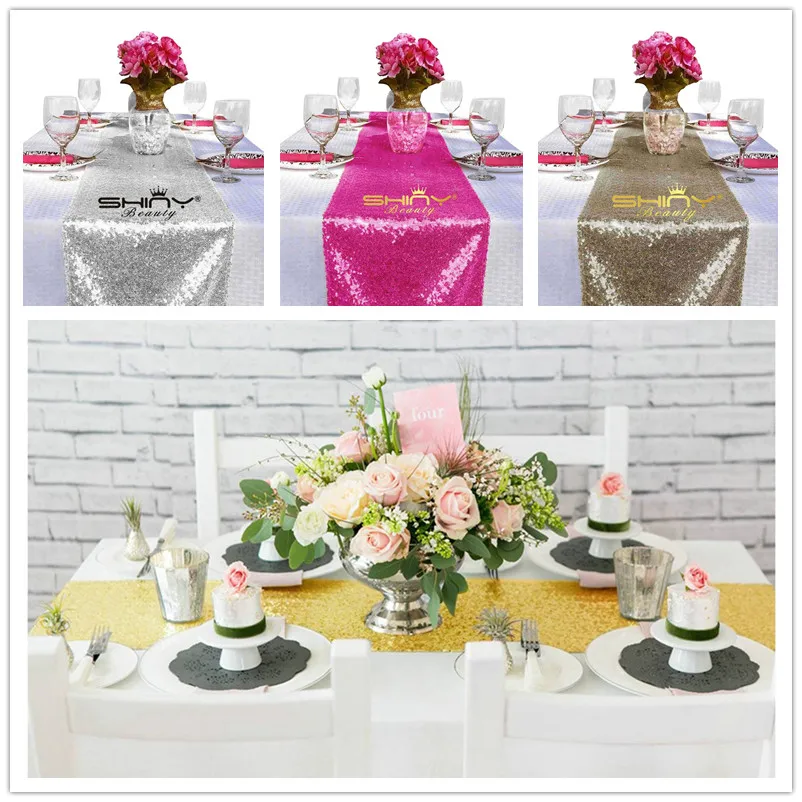 ShinyBeauty 12x96 дюймов Розовая Золотая блестящая настольная дорожка для праздника