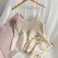 oumea womem summer beach cotton crochet sets camis top cotton shorts retro patchwork cute two pieces set