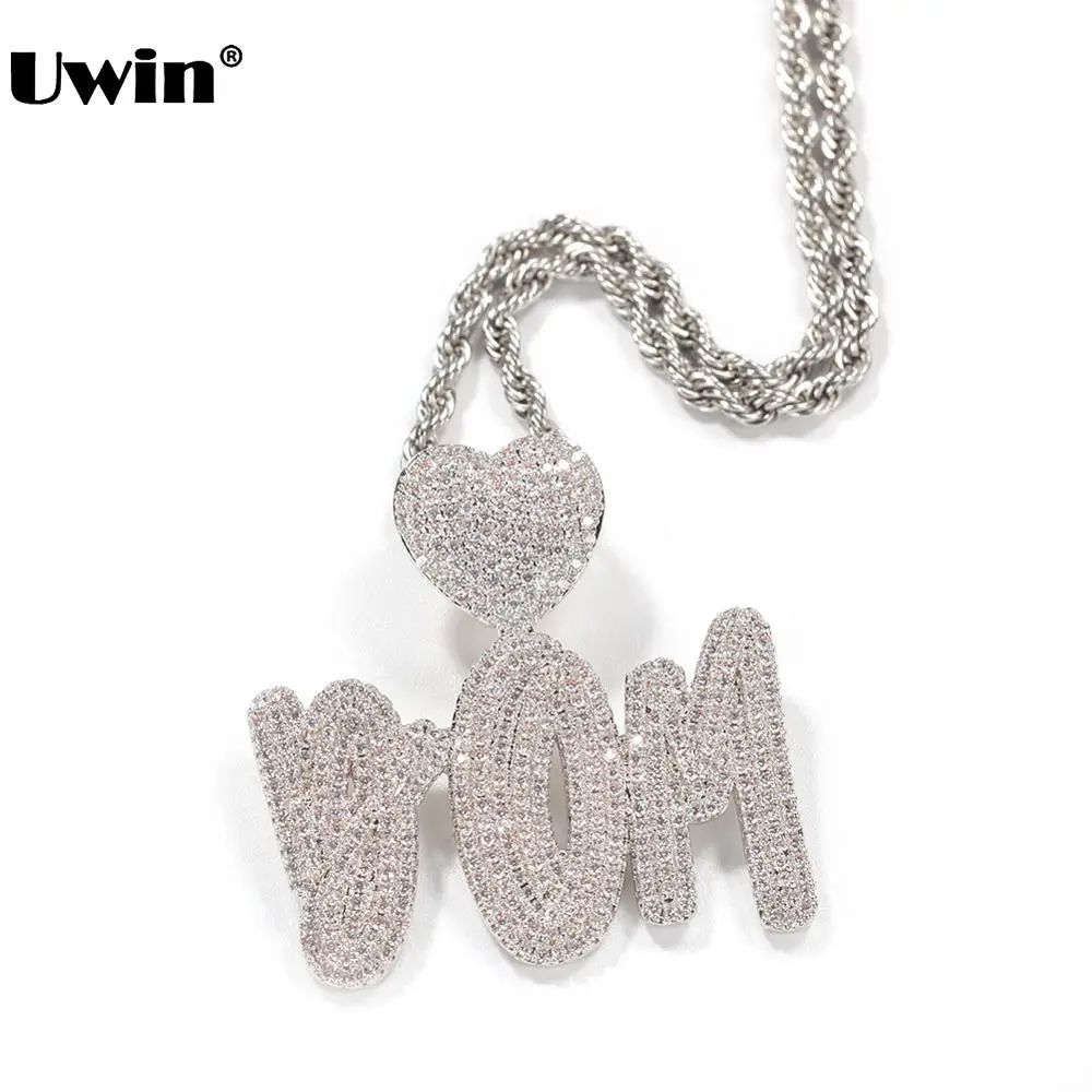 Uwin Customized NameNecklace with Love Heart Clasp Layers Cursive Style Iced Out CZ Letter Pendant Hiphop Jewelry Best Gift