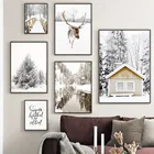 Зимний дом олень лес река пейзаж настенная живопись холст скандинавские постеры и принты настенные картины для декора гостиной