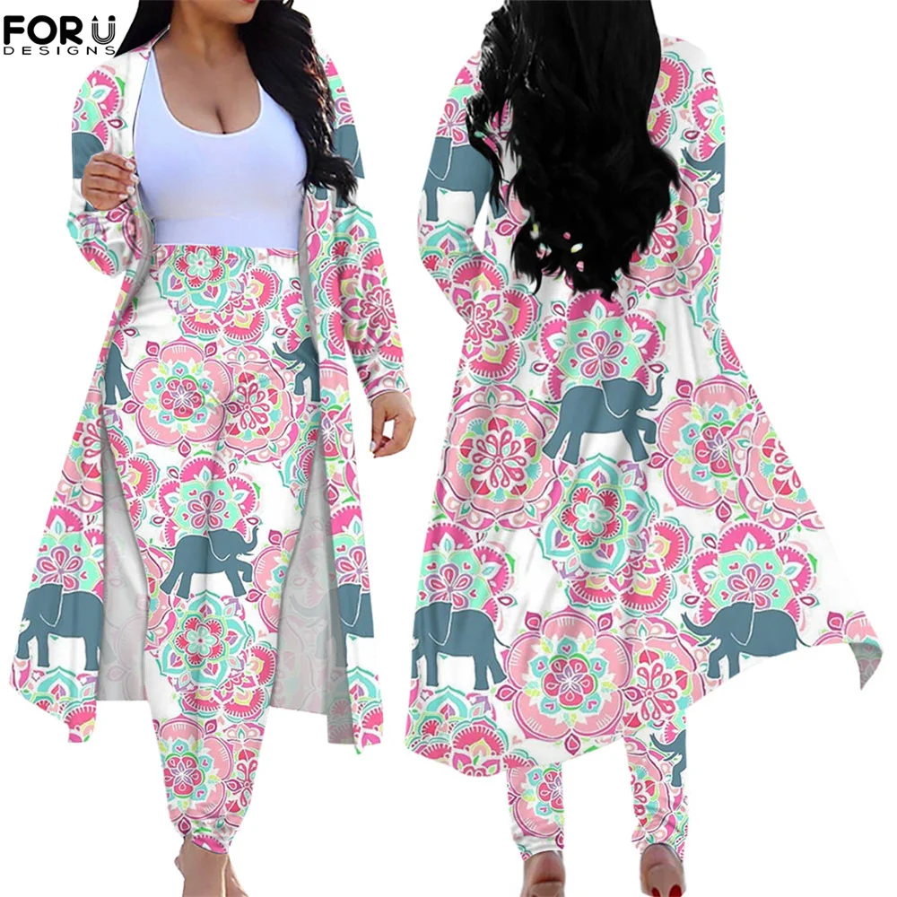 

FORUDESIGNS Tropical Flowers And Elephant Women Two Piece Suit Long Sleeves Cardigan & High Waist Skinny Pants Leisure Clothing