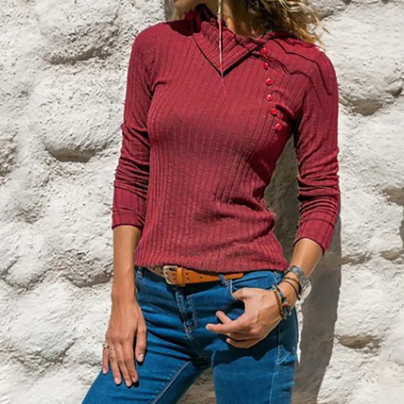 Ladies Long Sleeve Lapel Slim Fit Striped Casual Button Pullovers 2019 New Womens Fashion Solid Color Autumn and Winter Sweaters | Женская