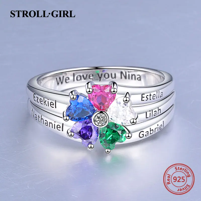 Продажа Strollgirl 100% 925 пробы серебро персонализированная Настройка гравировкой 5 в форме сердца кольцо с камнем рождения Stelring Серебряные ювелирные изд...
