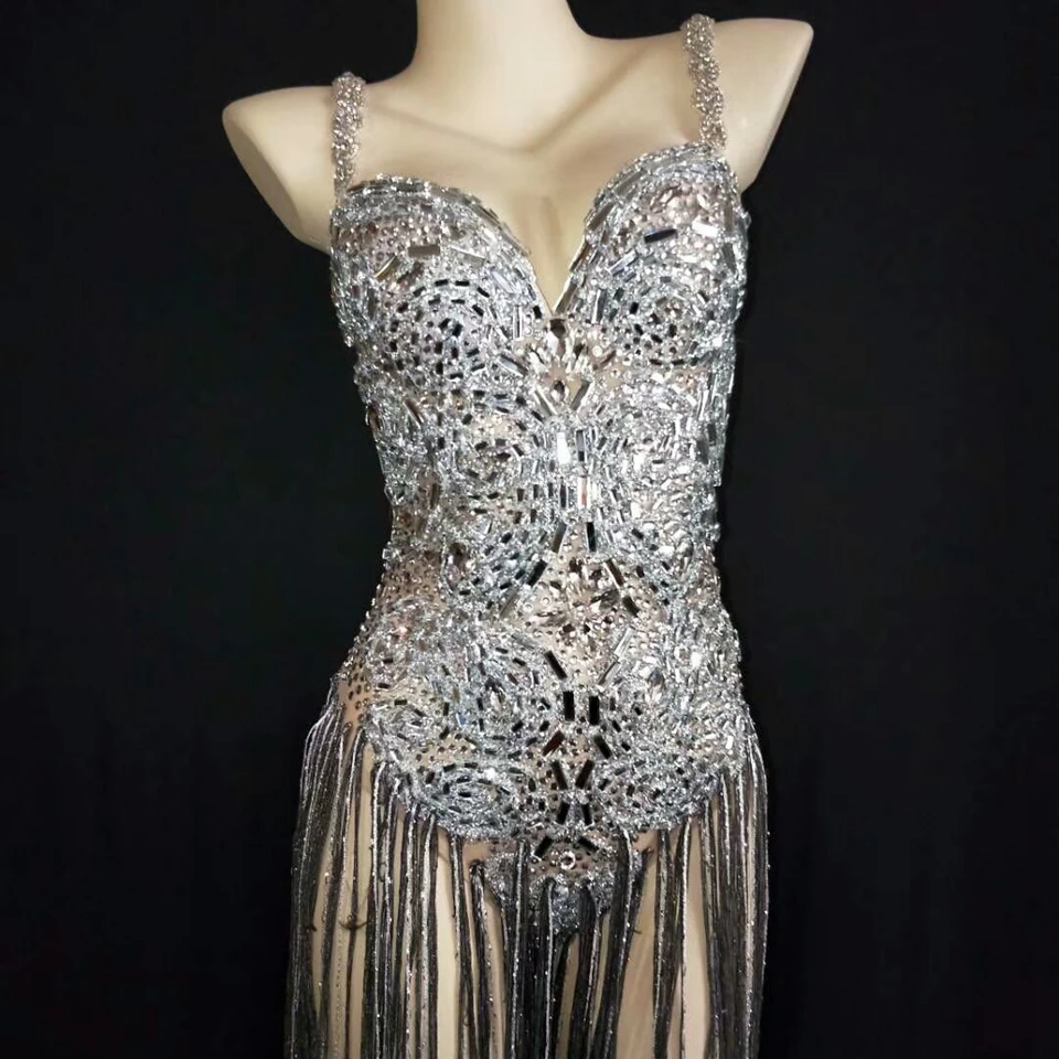 Блестящее боди с бахромой и серебристыми кристаллами для женщин прозрачное дня