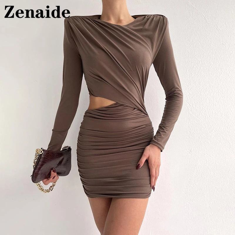 

Zenaide Sexy Party Bandage Dress With Shoulder Pads Khaki 2021 Autumn Winter Long Sleeve Vintage Black Mini Bodycon Dresses Y2K
