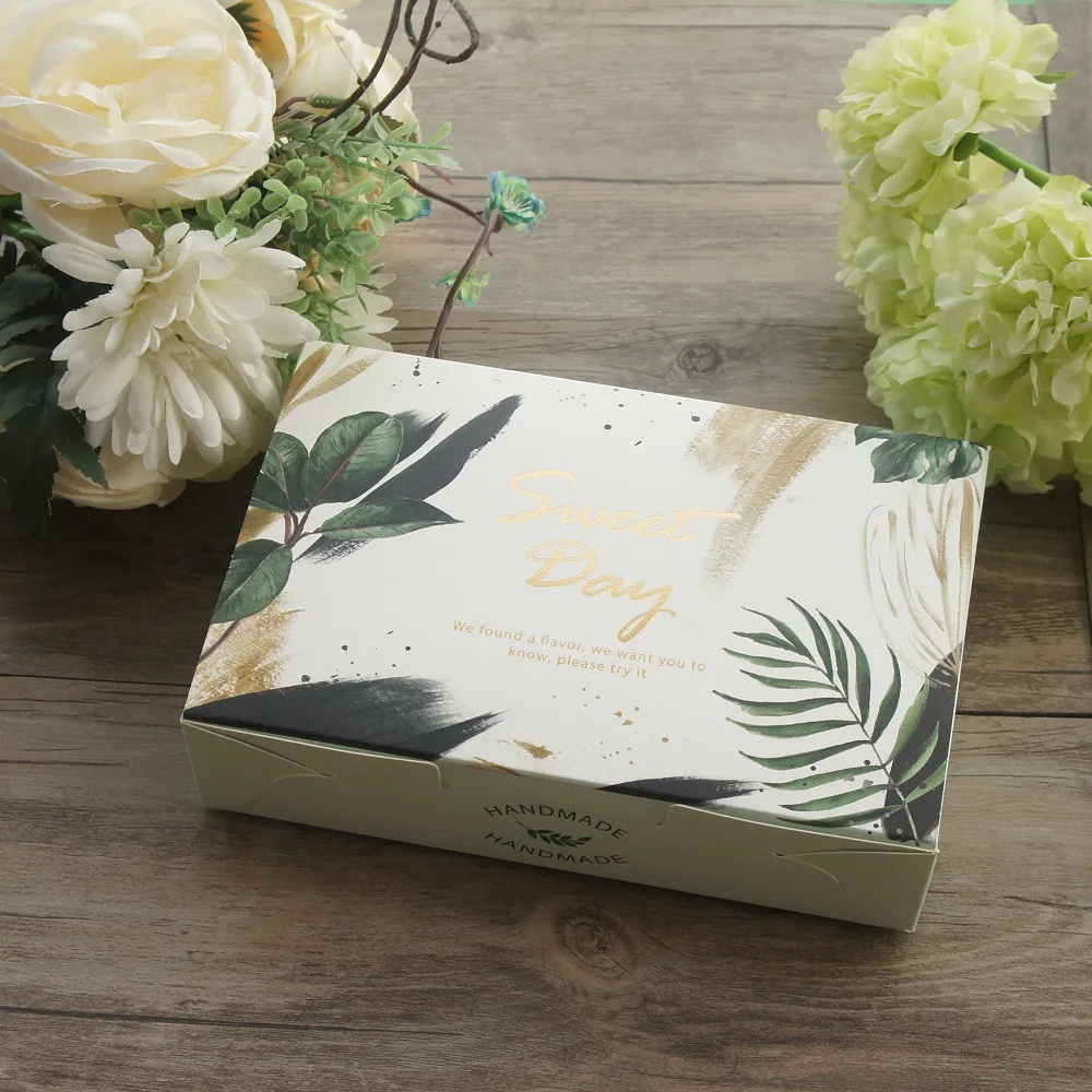 Фото 21*14*5 см 10 шт. золотые сладкие зеленые листья Макарон шоколадная бумажная коробка