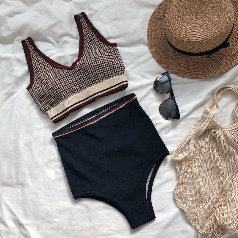 

Hot Selling Knitted High Waist V-neck Retro Lattice British Style Swimsuit Bikini Push Up Tankini Bathing Suit Women Two Piece