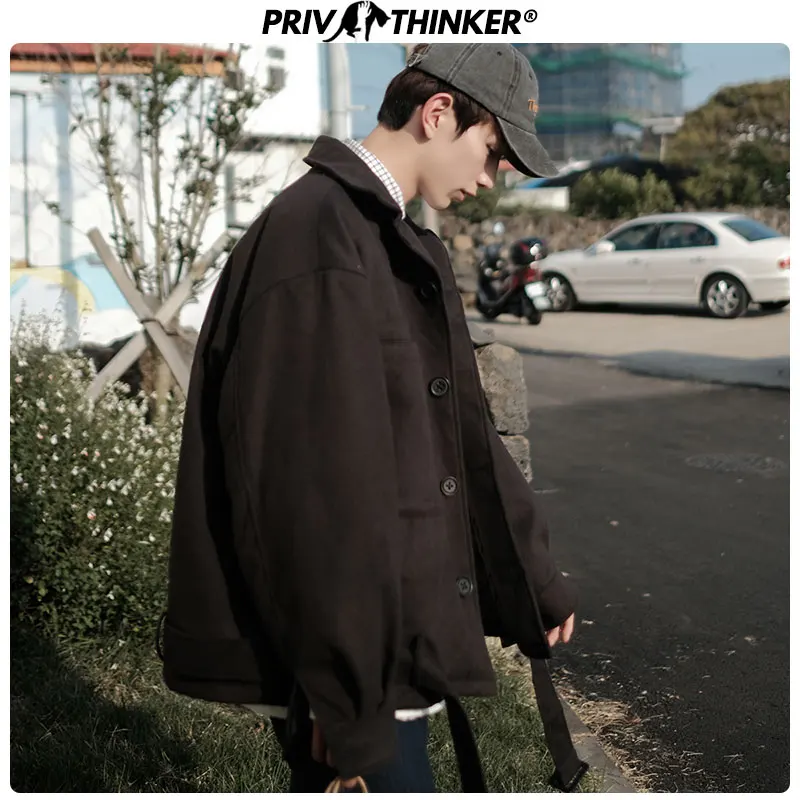 Мужская куртка Privathinker черная шерстяная в Корейском стиле на осень и зиму 2020 |