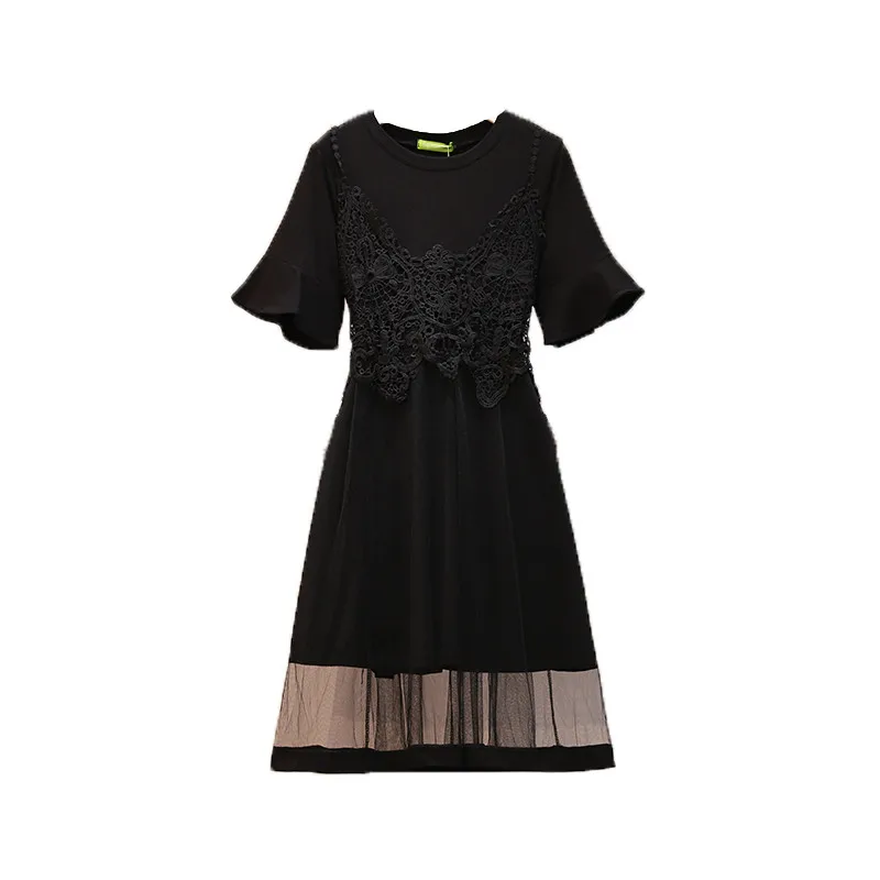 

Plus Size Black Dress For Women 2021 Summer Ladies O Neck Short Sleeve Lace Patchwork Mesh Cotton Dresses 2XL 3XL 4XL 5XL