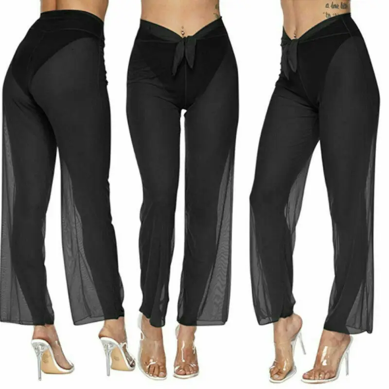 Модные женские прозрачные сетчатые длинные брюки летние бикини накидка