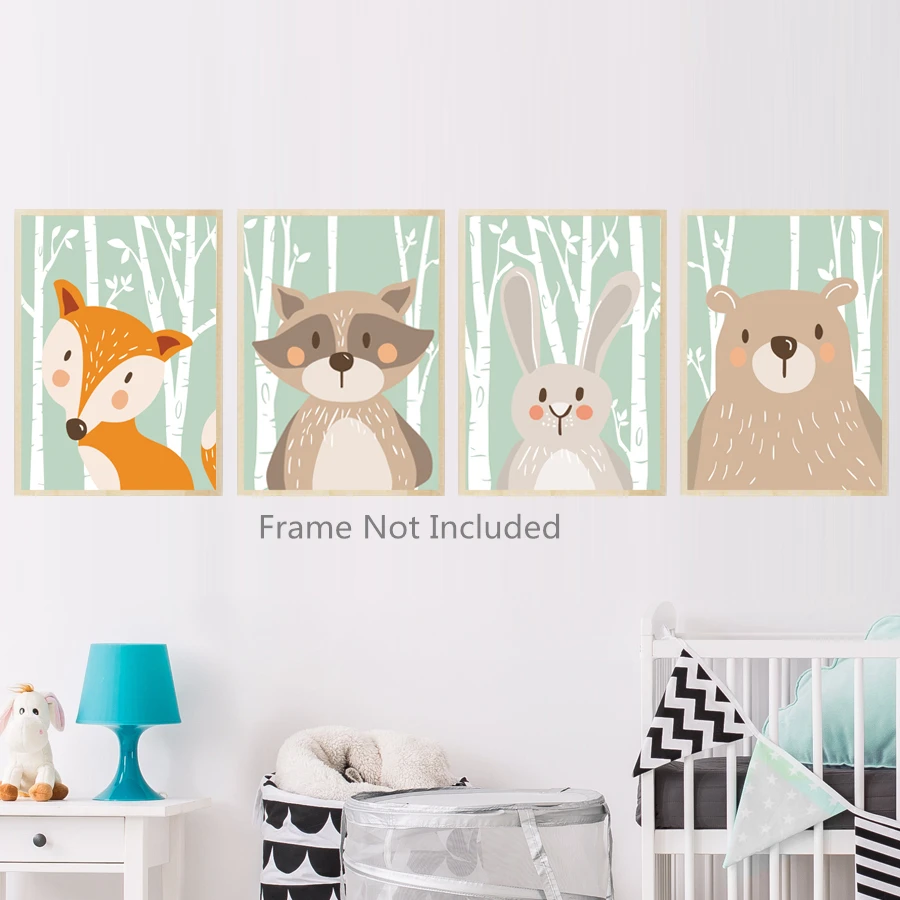 Woodland Forest Cute Animals Canvas Painting Art Print &ampPoster Nursery Wall Picture Kids Baby Room Decor Fox Rabbit Bear Giraffe | Дом и