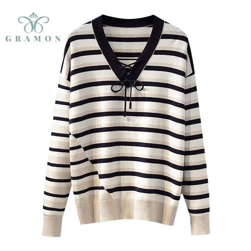 

Женский трикотажный пуловер с V-образным вырезом, на шнуровке