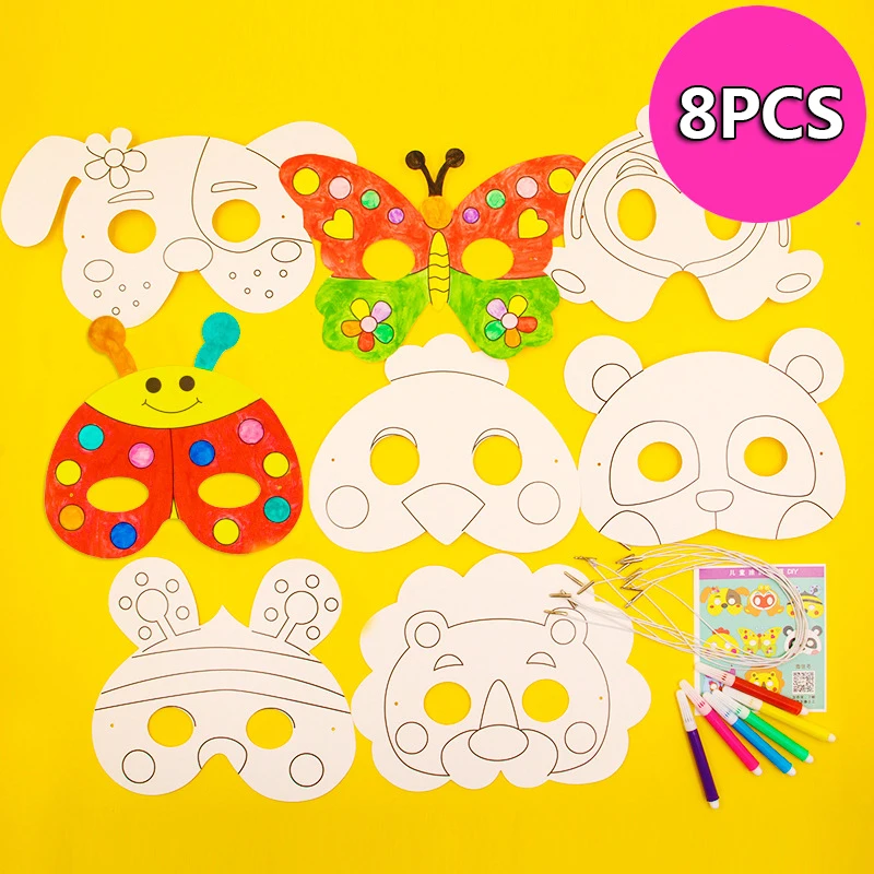 8Pcs DIY Cartoon Animals Painting Masks Color Kindergarten Graffiti Art Creative Drawing Educational toys for Children Kids Gift | Игрушки и