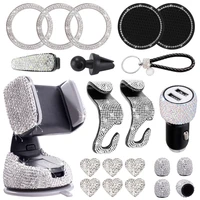 21pcs bling car accessories for women rhinestone kit dual usb car charger phone mount tire valve cap glass cup pad backseat hook