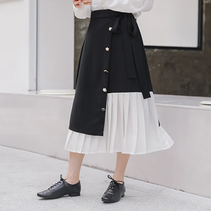 REALEFT/элегантные длинные юбки трапециевидной формы черного цвета в стиле пэчворк