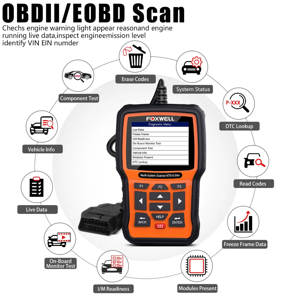 Сканер Foxwell NT510 Elite OBD2 с 1 бесплатным программным обеспечением для автомобиля +