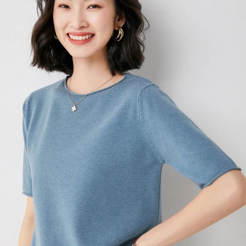 

2021 spring summer o-neck knitted short-sleeved women's sweater loose bottoming shirt solid color T-shirt