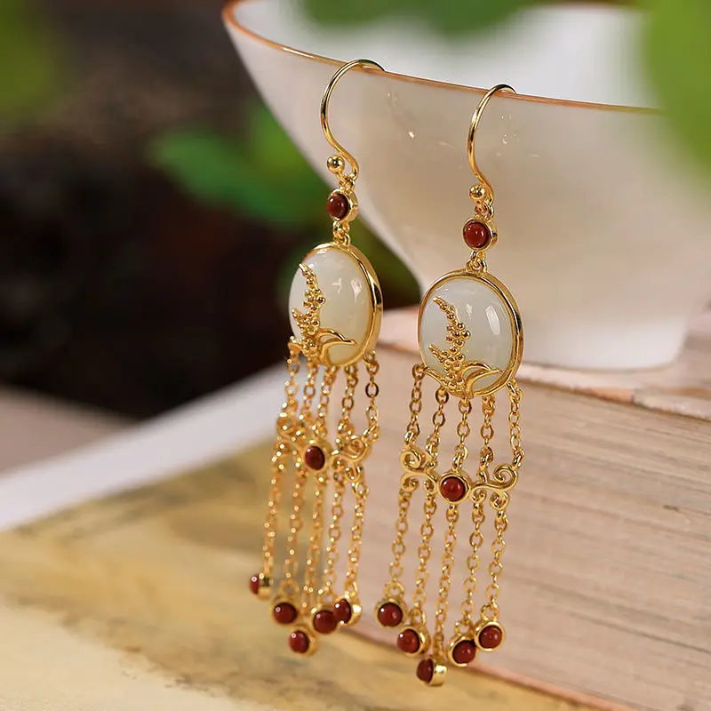 2021 New Retro Ethnic Style Temperament Earrings Imitation Khotan Jade Red Matte Gold-plated Long Tassel Elegance Jewelry Women