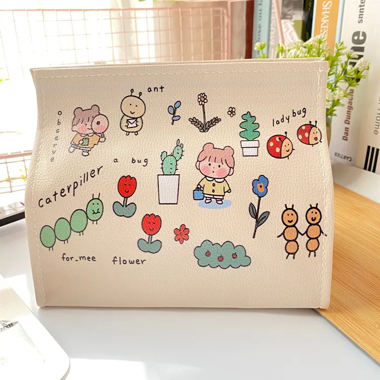 

Cute Tissue Case Box PU Leather Waterproof Home Car Towel Napkin Dispenser Holder Towel Cover Office Student Tabletop Decoration