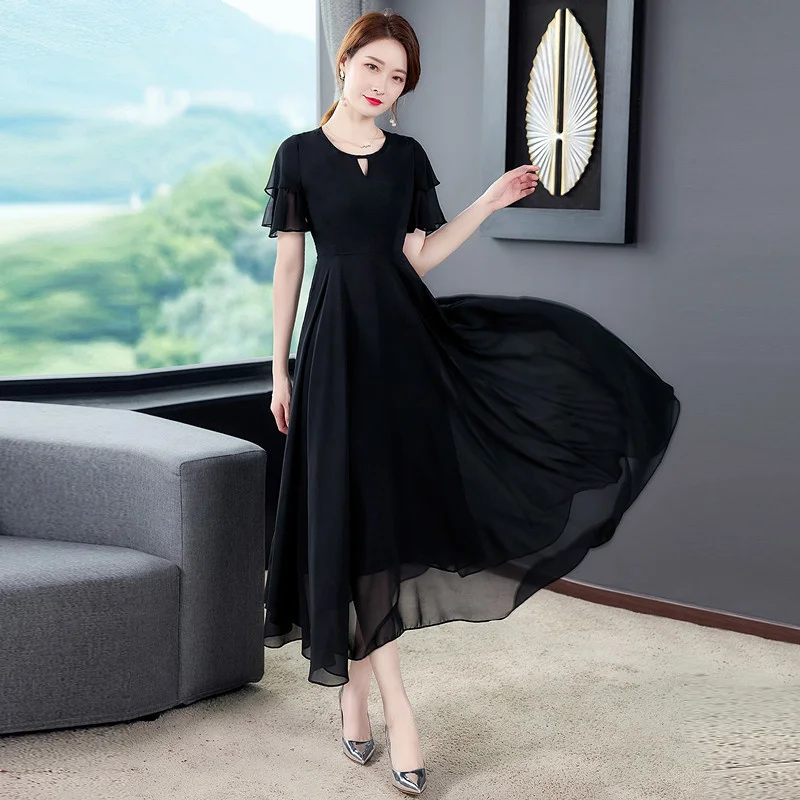 

Summer 2021 New Casual Dresses Chiffon Round Neck Dress Simple Women Double Layer Lotus Sleeves Temperament Slimming Long Dress