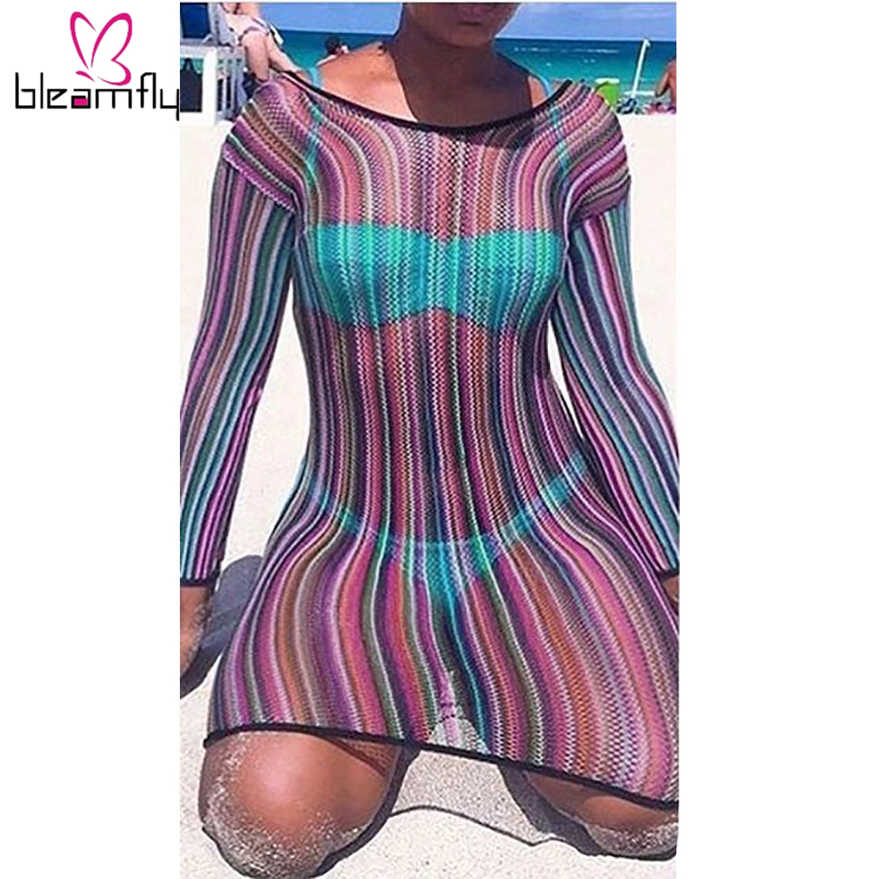 Новинка 2019 женское осеннее разноцветное платье в полоску с принтом Сетчатое