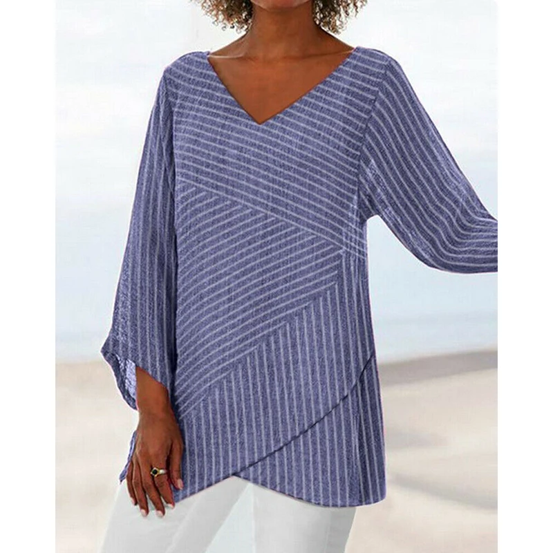 

S-2XL Spring Autumn Womens Striped V Neck Long Sleeve Baggy Tops T Shirt Ladies Casual Street Daily Loose Tunic Tee 5 Color