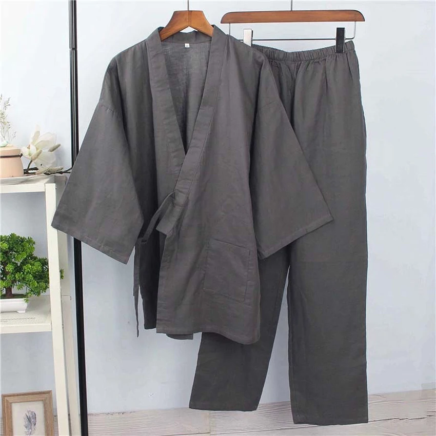 Color1 Хлопковое японское кимоно, одежда для сна для самураев, мужские топы Haori+ штаны, комплект одежды, традиционная Мужская пижама-кимоно, ночная рубашка Jinbei - Цвет: Color1