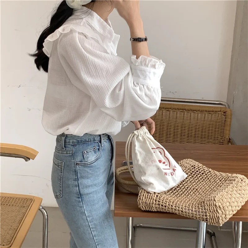 

2021 Spring New Collared Ruffles Lantern Sleeve Long Sleeve Shirt Solid Cotton White Blouse Vintage Casual Elegant Tops Blusas