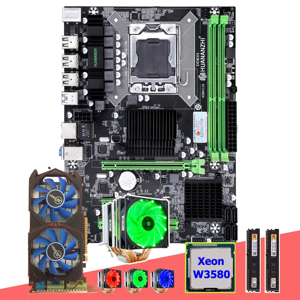 Материнская плата HUANANZHI X58 Pro LGA1366 с ЦП Xeon W3580 3,33 GHz 6 тепловых кулеров ОЗУ 16G(2*8G) GPU GTX750TI 2G видеокарта