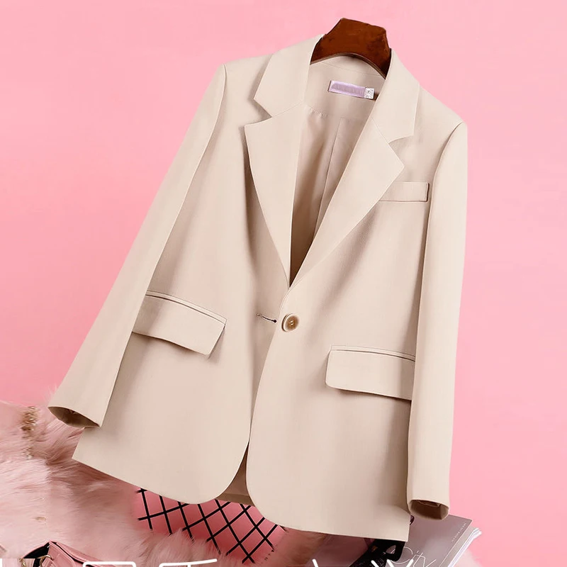 

Autumn Chic Solid Color Elegant Apricot Blazer Women Jacket Ladies Single Button Loose V-Neck Long Sleeve Cardigan