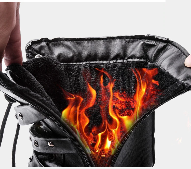 

New Fashion Winter Tough Men Boots Flat With Fur Motorcycle Boots Men Top Metal Buckle Lace Up Shoes Mid Calf Couples 753