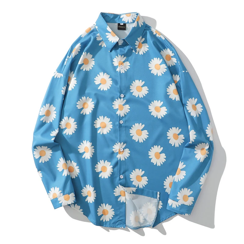 

Mens Chrysanthemum Print Hawaii Beach Shirts Harajuku Streetwear 2020 Summer Long Sleeve Blouse Hiphop Unisex Orange Shirts Tops