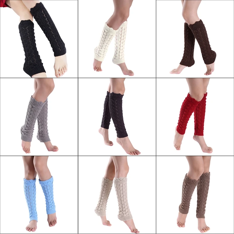 

Womens Girls Hollow Out Imitation Lace Knitted Boot Cuffs Cover Wavy Trim Solid Color Knee High Long Leg Warmers Elastic