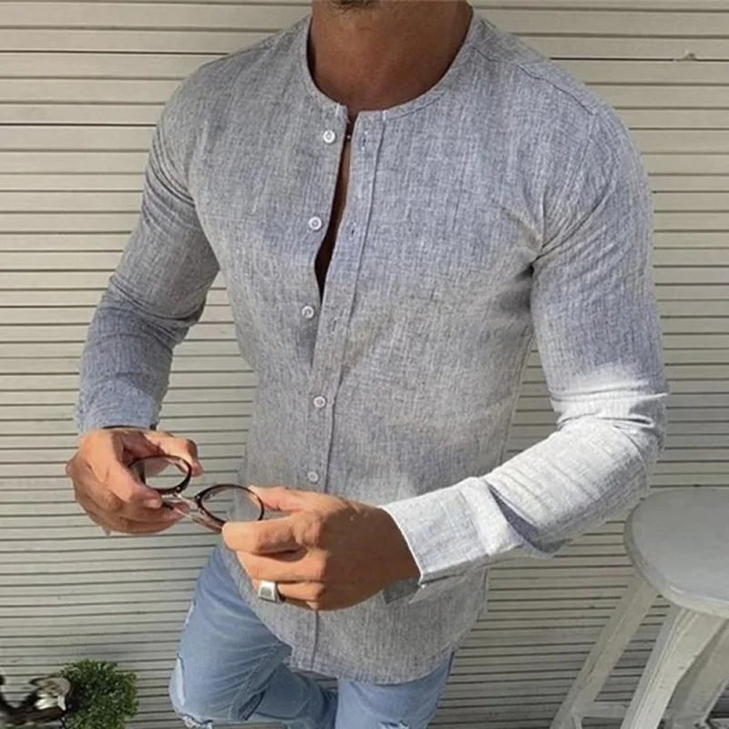 

Top Selling Product In 2020 Men's Shirt Solid Color Cotton Linen Buckle Round Neck Men's Casual Shirt Men's Clothing