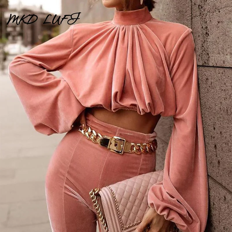 

Укороченные топы с рюшами и рукавами-фонариками, женские элегантные блузки с высоким воротом