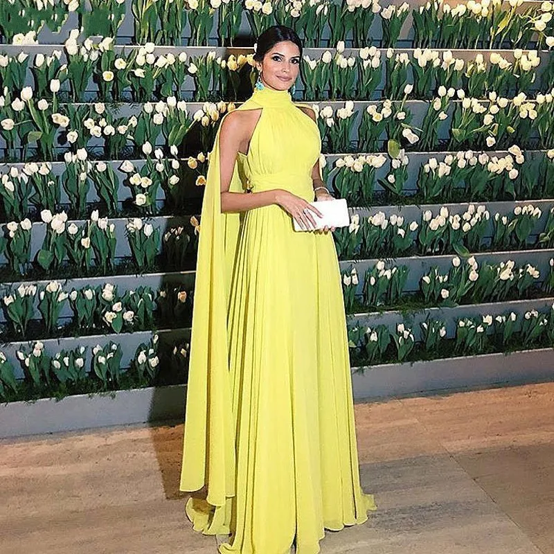 

Abendkleider Dubai Evening Formal Dress Women Elegant Chiffon High Neck Cape Yellow Prom Party Gown 2021 Vestido Longo Festa