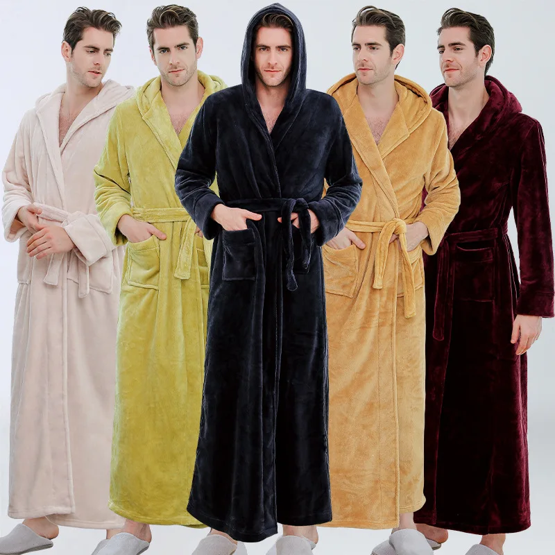 Men's Flannel Nightgown Hooded Long Thicken Bathrobe Warm Coral Fleece Home Set for Autumn and Winter Sleepwear