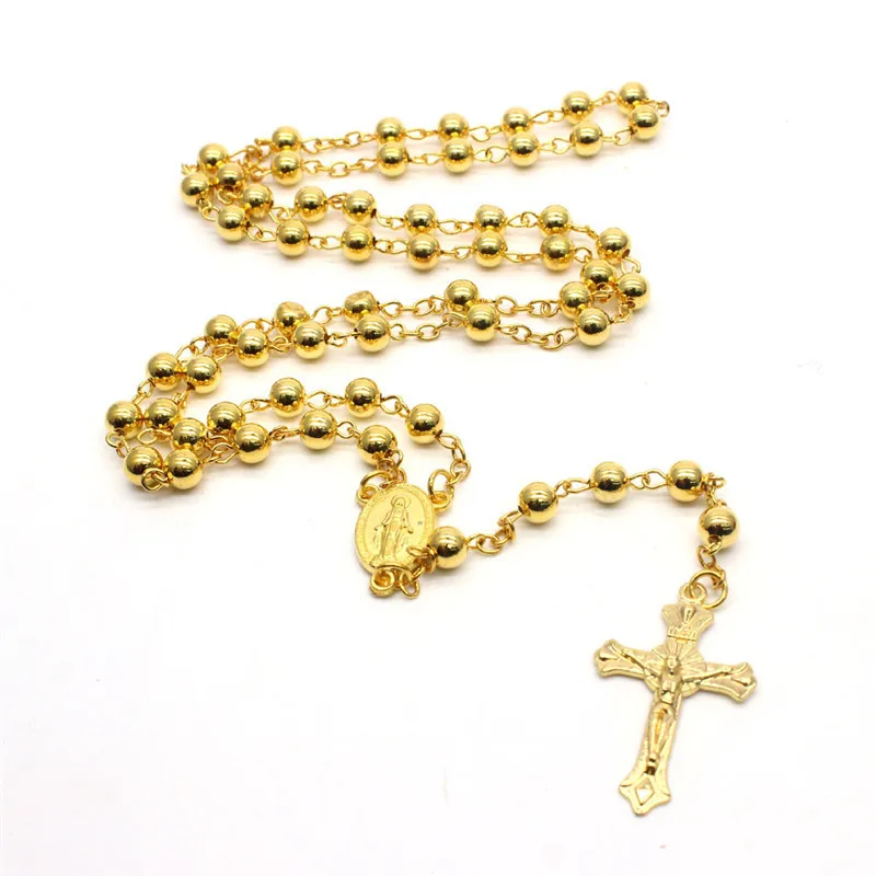 New Fashion 2 Color Gold Silver Rosary Unisex Necklace 8MM Copper beads cross Jewelry Accessories Present For Woman Man