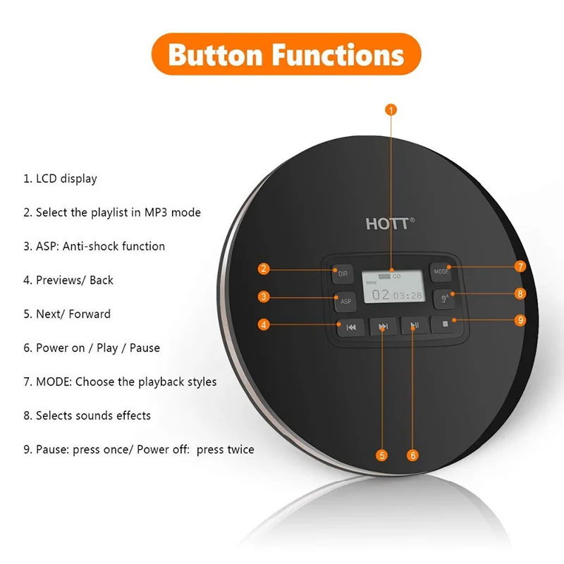 Портативный CD-проигрыватель CD611T с Bluetooth ЖК-дисплей противоударный автомобильный