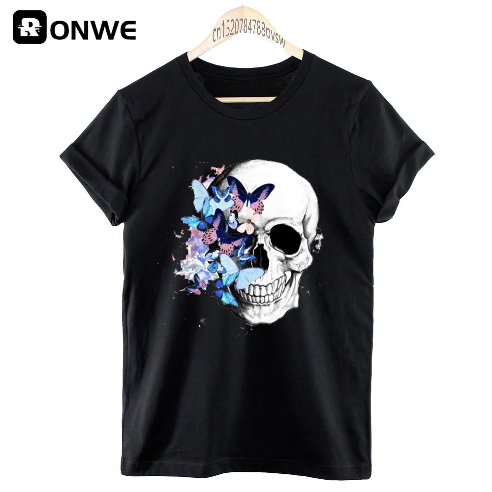 Модная женская футболка с рисунком бабочки и черепа женские акварельные Топы