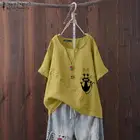 Винтажная женская блузка с коротким рукавом ZANZEA, Летняя туника, топы, Повседневная рубашка с принтом кошки, свободные хлопковые блузы, Женская Однотонная рубашка