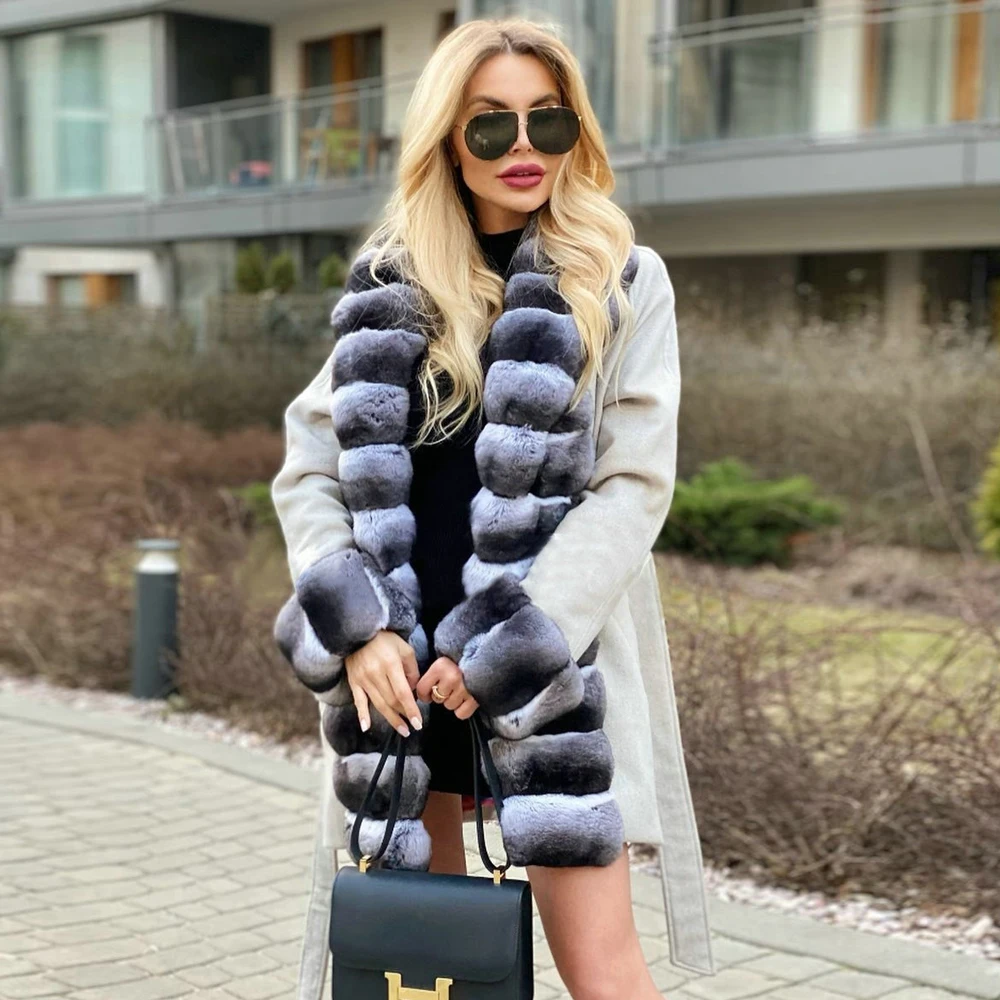 Enlarge Women Fashion Cashmere Coat with Long Rex Rabbit Fur Collar High Quality Woman Natural Rabbit Fur Wool Blends Coat Outwear 2022