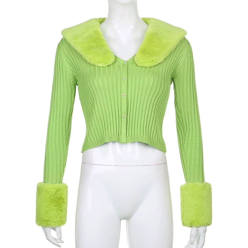 Y2K Sweetown Ribbed Knit Ladies Cardigans Sweaters with Fur Trim Collar – Long Sleeve, Slim Fit, Ideal for Autumn and Winter – Women's Knitwear image 5