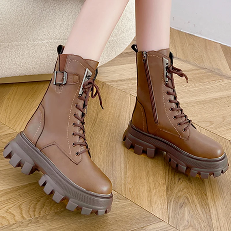 

Женские мотоциклетные ботильоны до середины икры, на платформе, со шнуровкой и молнией, новинка зимы 2021, женские повседневные ботинки челси ...