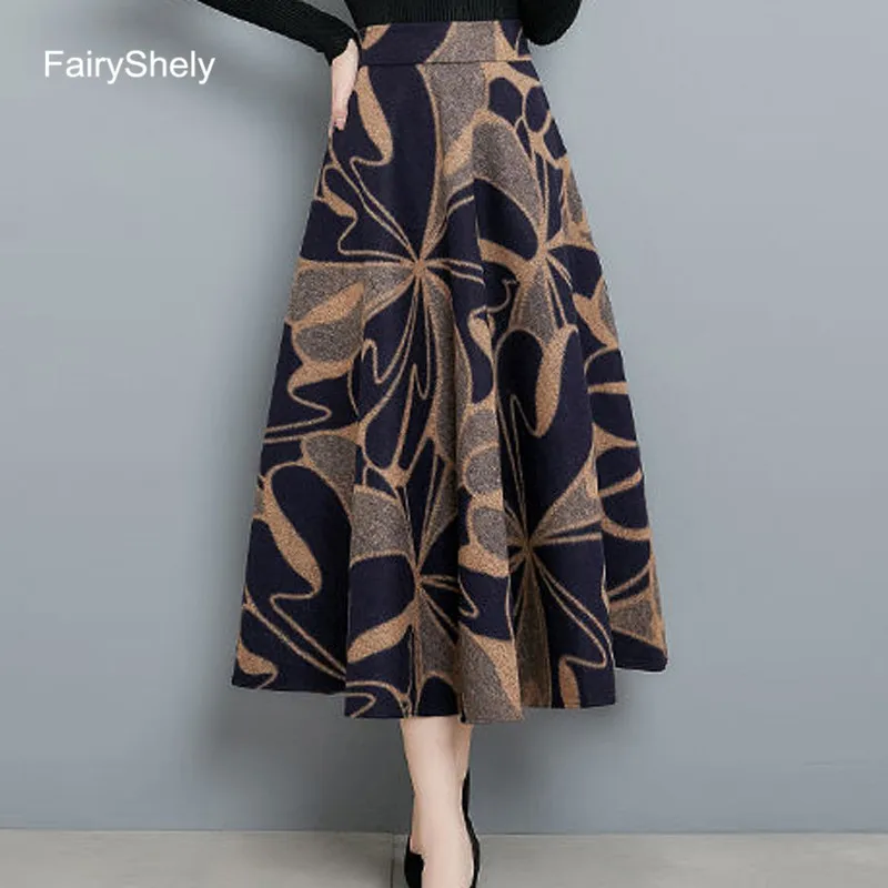 

FariyShely Vintage Print High Waist Pleated Skirt Women 2020 Autumn Winter Woolen Long SKirt Flared Poncho Midi Skirt Plus Size