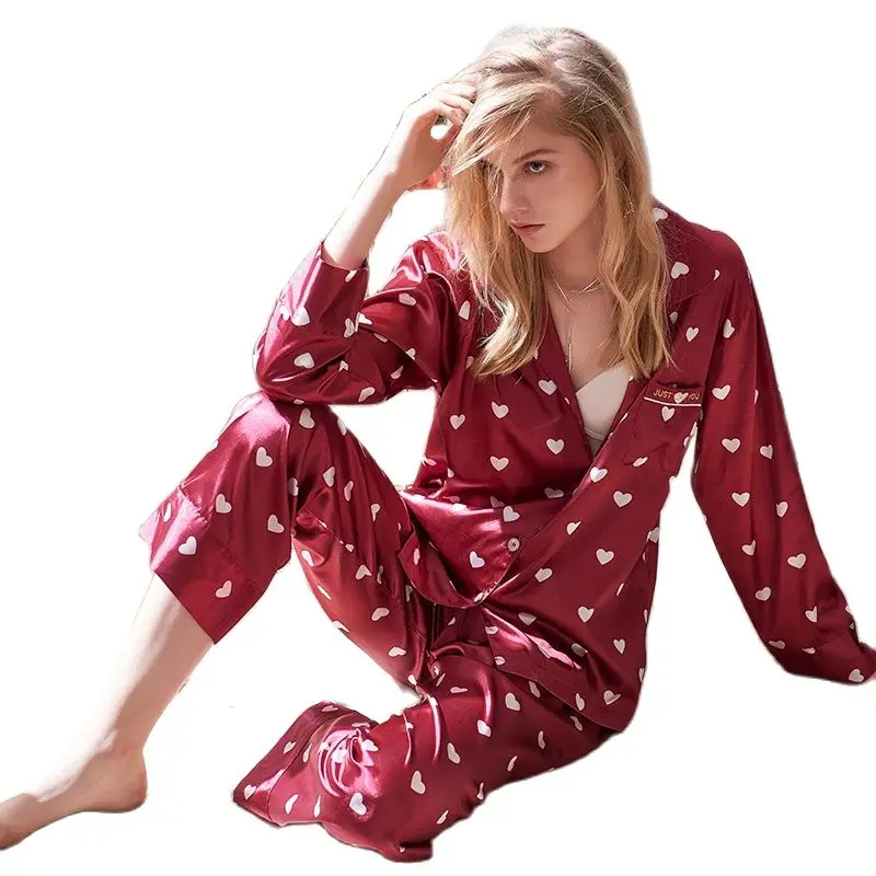 

Pajamas Sexy Faux Silk Sleepwear Female Fashion Heart Printed Satin Silk Long-Sleeved Red Woman's Pyjama Sets X2404